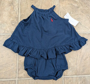 New Ralph Lauren baby girls sz 6M 1pc Summer Romper knit navy blue stretch 0899